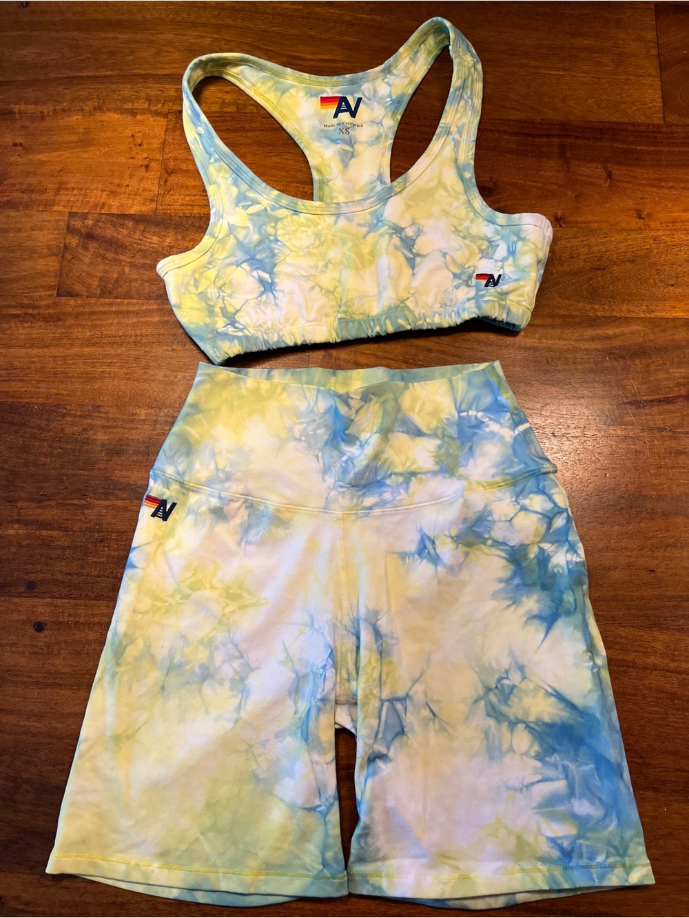 AV Aviator Nation Tie-Dye Sports Bra & Biker Shorts Set - Yellow Blue